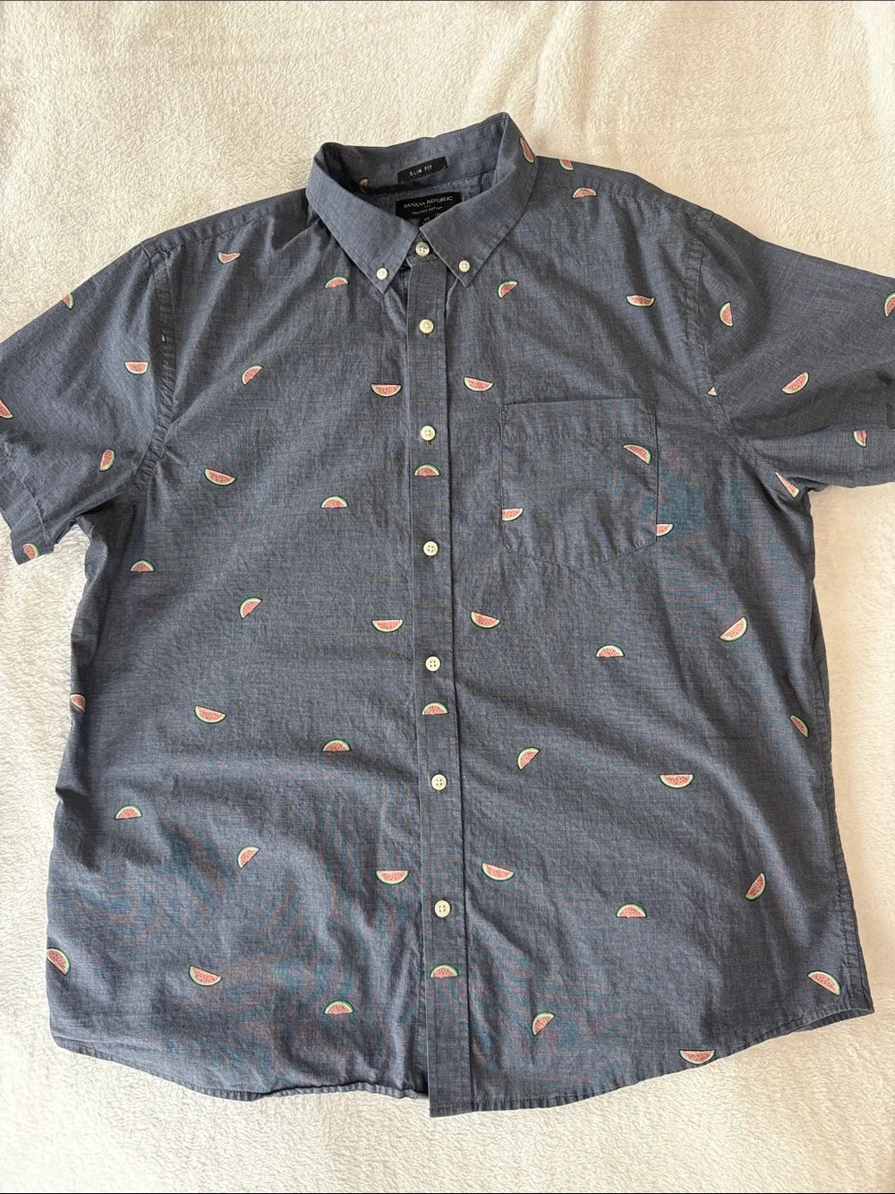 🍉Banana Republic Blue Short-Sleeve Button-Down Shirt with Watermelon Print